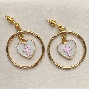 💔SOLD OUT💔White Heart Pink Cross Hoop Earrings